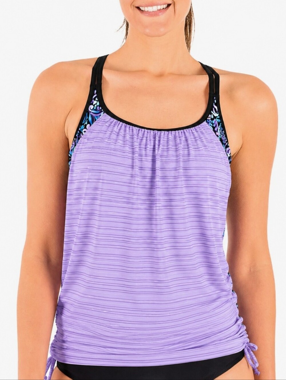 Lavender Ruched Tankini Swim Top XS UPF 30 Quick Dry Racerback Padded Floral NWT
